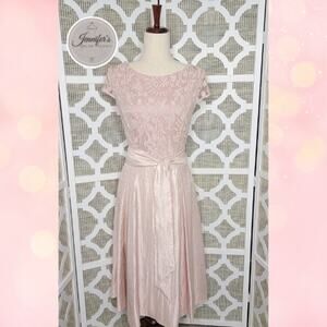 Adrianna Papell Blush Pink Shimmer Side Panel Tuck Embroidered Bodice Dress 12